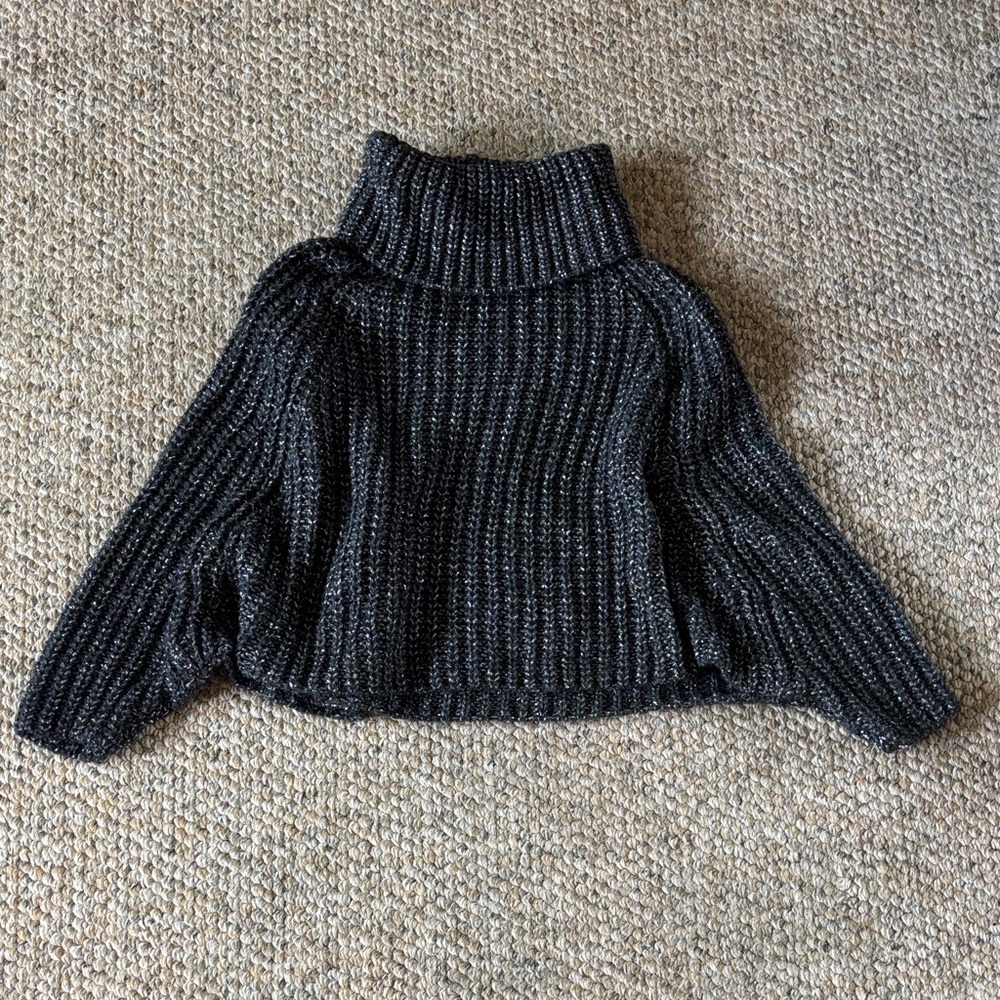 Uterque Metallic Silver and Black Charcoal Alpaca Blend Turtleneck Sweater